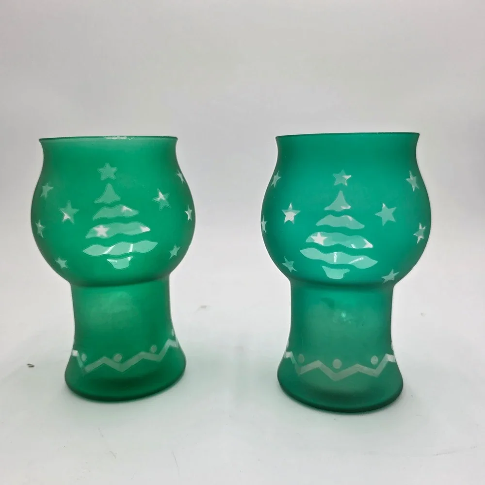 Pfaltzgraff Christmas Heritage Green Frosted Glass Mini Candle Holder Set 2pc